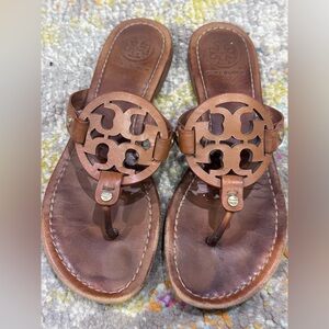 Tory Burch Cognac Leather Logo Thong Sandals-see damage